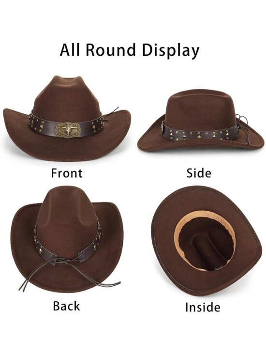 Women 01-Brown Western Cowboy Hat with Bull Charm Leather Band Style (Size:S-M) main image 4
